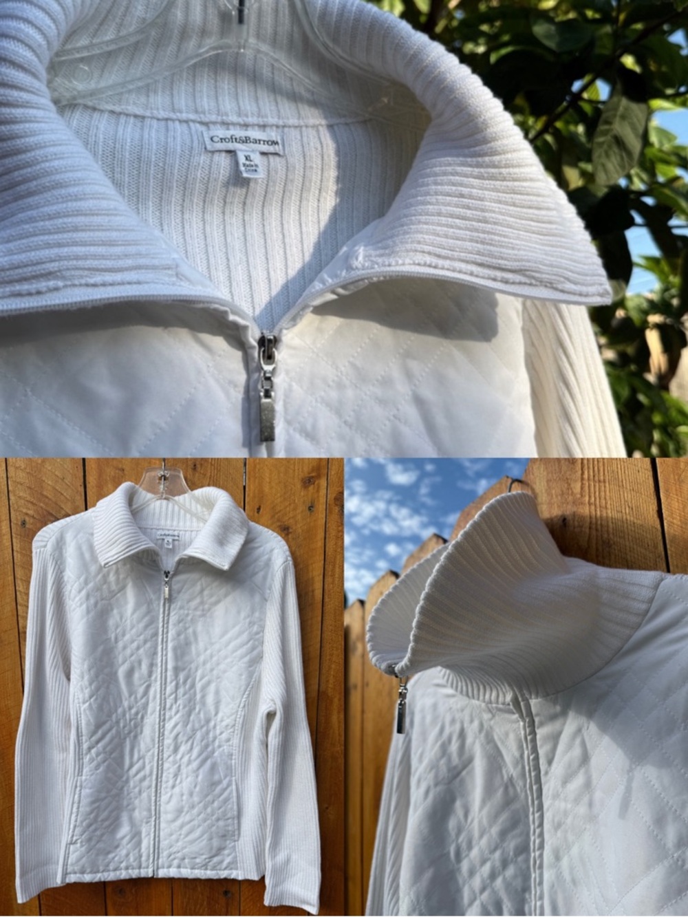 Croft & Barrow White Quilted & Knit Zip-Front Jacket with Full Zip Collar- XL